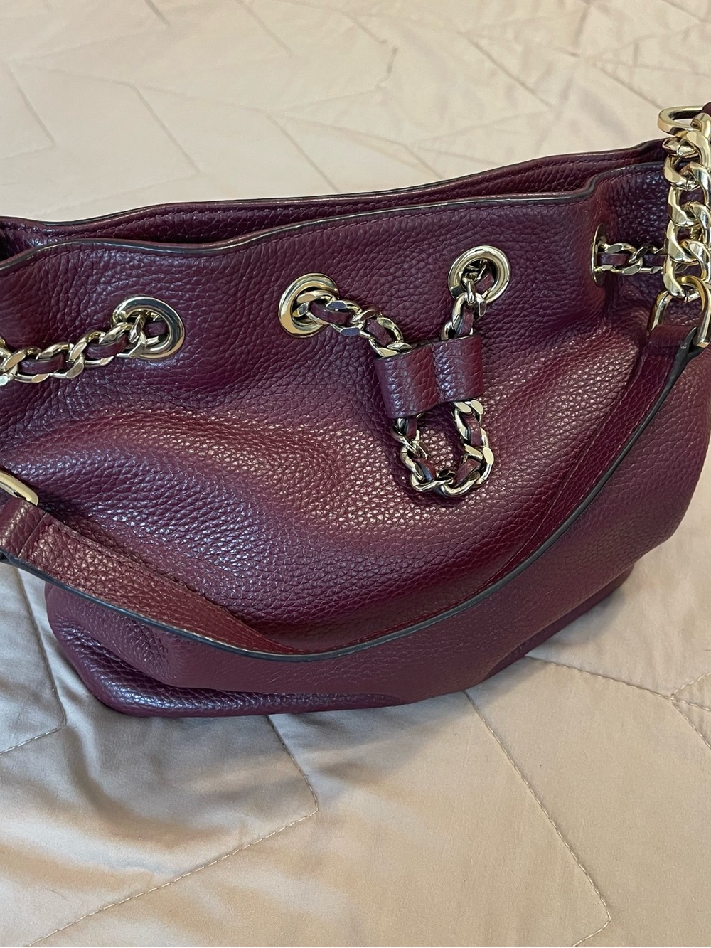 Michael Kors Pebbled Leather Shoulder Bag in Burgundy with Gold Chain